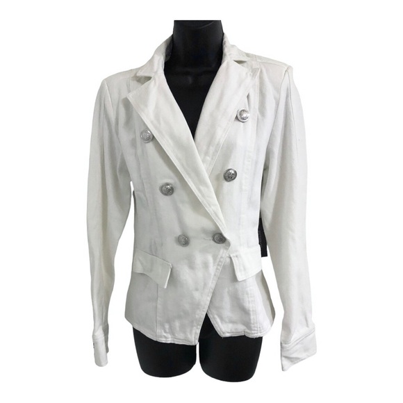White stretch denim double breasted military style jean‎ jacket size medium new - Picture 1 of 16